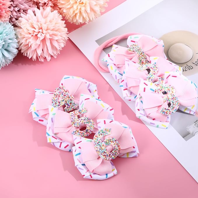 2pcs Birthday Hair Bow for Baby Girls, Sprinkle Confetti 4th Birthday Decorations Girl, Ice Cream Party Theme Bow Clips for Baby Girls Pink Hair, Happy 4th Birthday Girl Hair Bow Clips