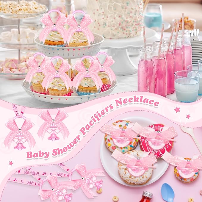 Tondiamo 60 Pcs Baby Shower Pacifier Necklace for Chupones para Baby Shower Game Party Favor Acrylic Angel Pacifier Charm for Girl Boy Guest Gender Reveal Party Decoration Table Scatter(Pink)