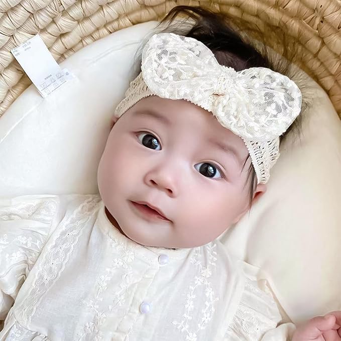 Lace White Bow-knot Baby Girls Headband Birthday Shower Infant Wrap Elastic Flower Baby Turban Hairband for Newborn Infant Toddler Kids (Ivory B, Elastic)