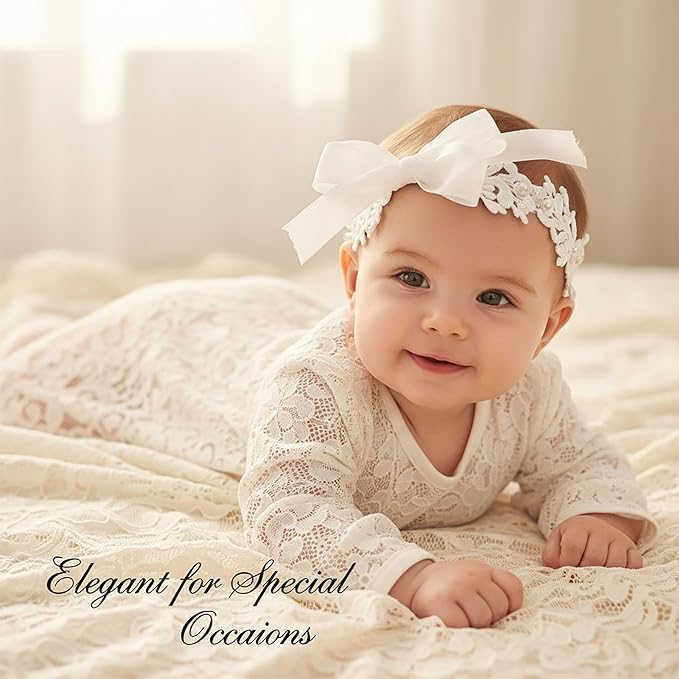 2-Pack Adjustable Baptism Headband for Baby Girl, White Lace Christening Headbands with Pearl & Flower, Elastic Soft Hair Accessories for Newborn Infant Toddler