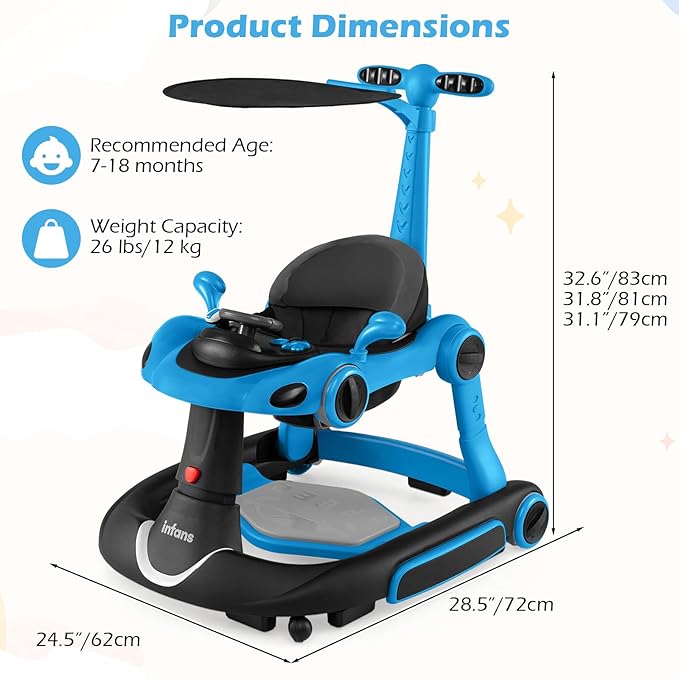 INFANS 6-in-1 Foldable Baby Walker, Converts Push Car to Bouncer, Rocker with Music, Lights, Adjustable Height & Speed, Activity Center, Canopy for 7-18 Months (Blue)
