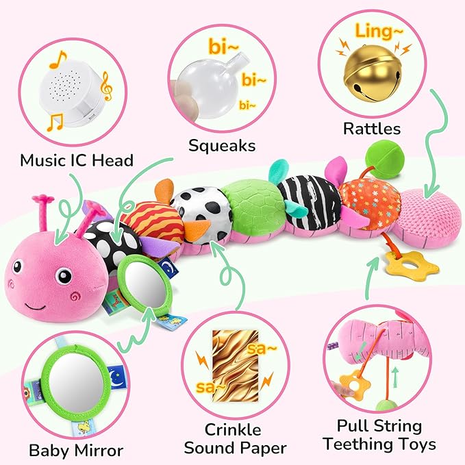 AWOTOY Baby Toys 6-12 Months Music Caterpillar Infant Toys Stuffed Animals 0-3-6 Months Teething Tummy Time Sensory Toys with Mirror Rattle&Pull String Boys Girls Birthday Gifts Easter Basket Stuffer
