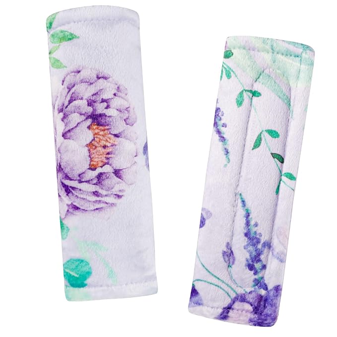 Carseat Strap Covers for Babies, Soft Seatbelt Covers for Kids, Reversible Baby Car Seat Strap Covers, Size: 6.5 x 6.5 inch, for Baby Car Seat, Stroller, Swing, High Chair, Purple Flower