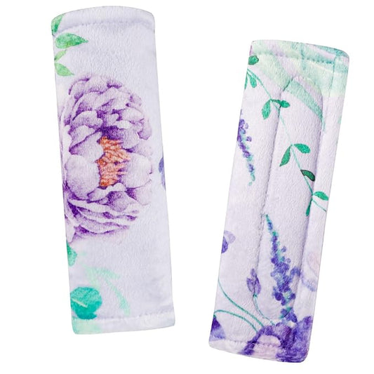 Carseat Strap Covers for Babies, Soft Seatbelt Covers for Kids, Reversible Baby Car Seat Strap Covers, Size: 6.5 x 6.5 inch, for Baby Car Seat, Stroller, Swing, High Chair, Purple Flower
