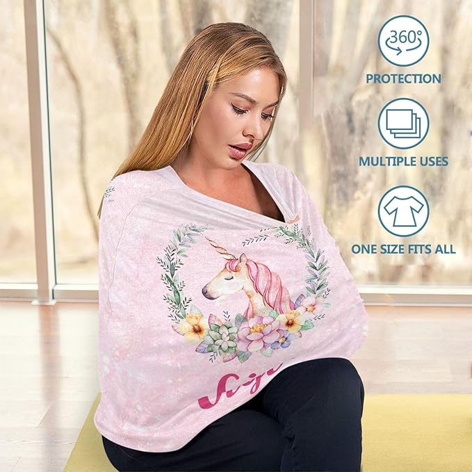 Personalized Baby Car Seat Cover for Babies, Custom Name Baby Car Seats Canopy for Girls, Nursing Breastfeeding Stroller Covers for Infant Newborn, Shower Gift for Baby (Unicorn Pink)