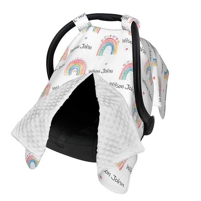 Personalized Winter Car Seat Covers for Babies with Name Rainbow Minky Baby Car Seat Cover for Boys Girls Custom Infant Carseat Covers Baby Blanket Nursing Cover Breastfeeding Scarf