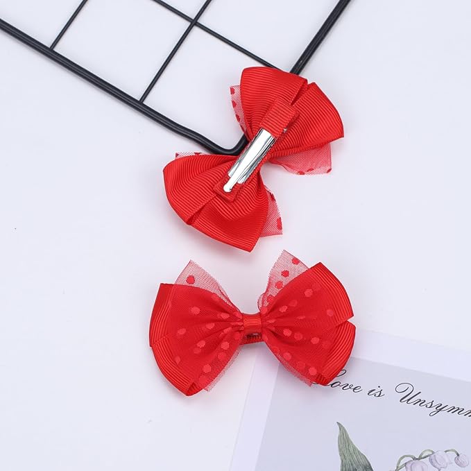 Tiny 3 Inch Dot Organza Double Hair Bow Clips - Cute Lined Boutique Alligator Hairpin for Girls, Toddlers, and Little Teens - Kids Barrettes Set of 2 Small Stylish (Red)