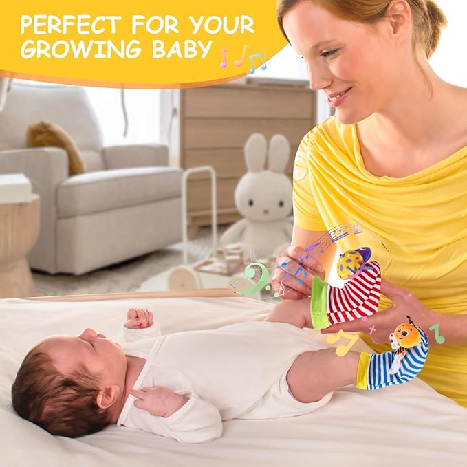 PADONISE Baby Wrist Rattle Socks and Foot Finder Set Baby Rattles Toys for 0-12 Month, Infant Girl Boy Toys for Babies 3-6 Months, Newborn Hand & Foot Toys for 0 to 9 Months, Baby Easter Gifts