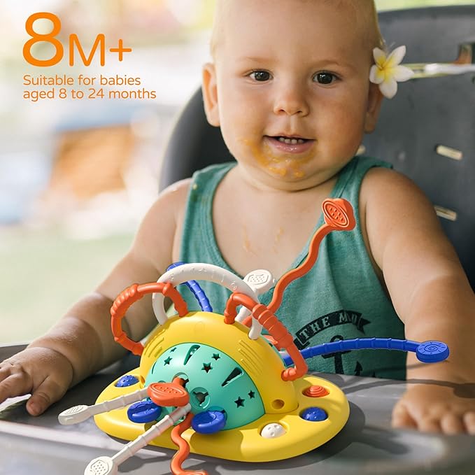 VoMii High Chair Toys with Suction Cup, Montessori Sensory Toys for 1 Year Old Fine Motor Skills,Food Grade Silicone Pull String Activity Gift for Baby Infant Toddlers