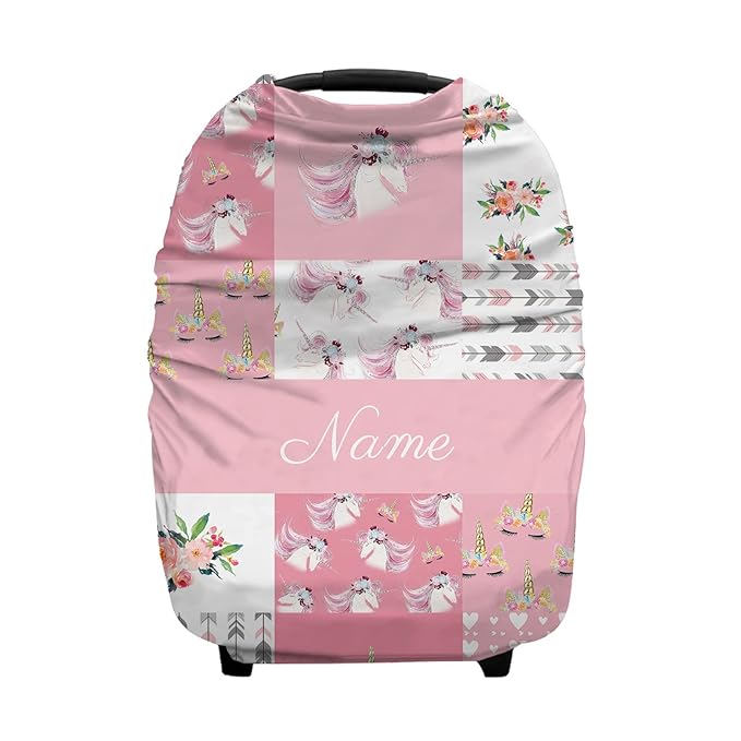 Personalized Horse with Horns Pink Baby Car Seat Covers with Name, Custom Nursing Cover Breastfeeding for Babies, Carseat Canopy for Girls, Infant Stroller Cover, Breathable Carseat Cover