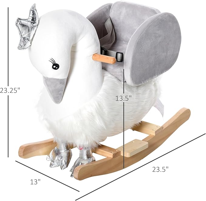 Qaba Rocking Horse, Kids Ride on Horse Swan Rocker with Sound, Plush Seat, Wooden Base, Safety Belt for Toddlers 18-36 Months, White