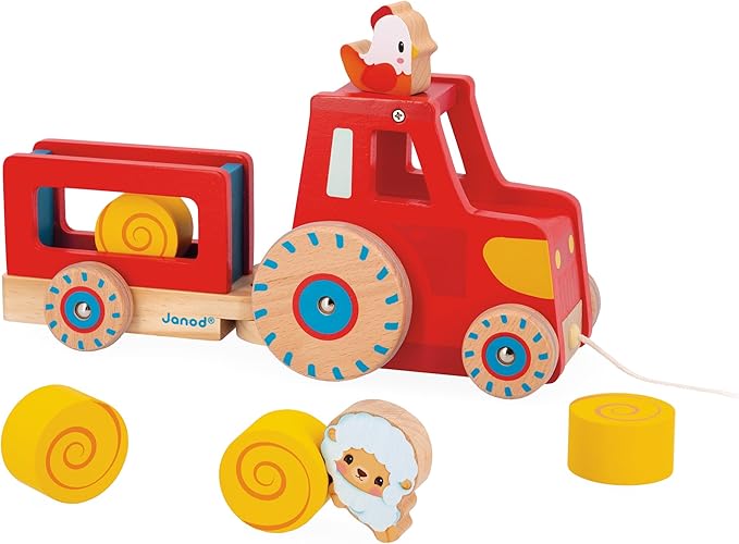 Janod Wooden Pull-Along Tractor Toy with Removable Trailer, Hen, Sheep & 4 Hay Bales – Quiet-Wheel Farm Playset & Walking Aid – Ages 12 Months+ - J03317