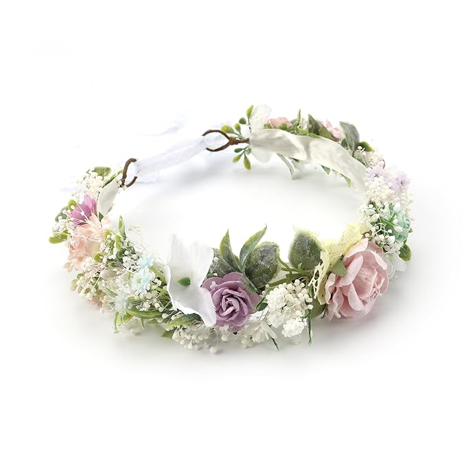 Toddler Flower Crown for Girls 1st Birthday Party Headpieces Pink Purple Baby Headband Hair Wreath with Baby's Breath Photo Prop (Spring Color)