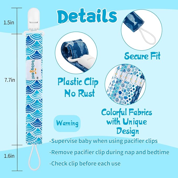 babygoal Ocean Blue Pacifier Clips, 6 Pack Binky Paci Holder Clips Leashes Fits for Most Baby Pacifiers and Binkies