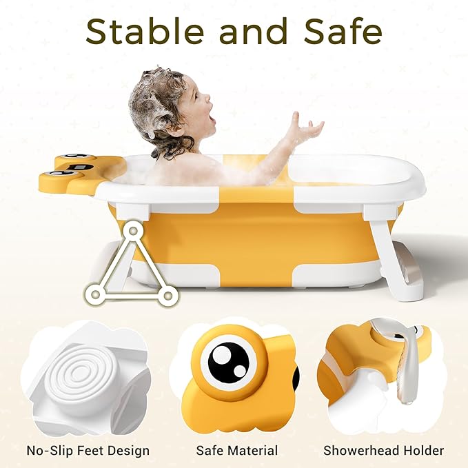 BUNWAG Baby Bathtub, Collapsible Newborn Bathtub for Infant to Toddler with Soft Cushion and Thermometer,Portable Travel Newborn Tub with No-Slip Feet, Baby Shower Gifts, 0-12 Months Baby Bath, Yellow