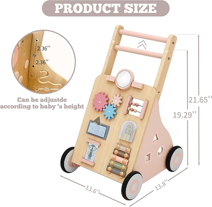 Wooden Baby Walker, Baby Push Walker with Wheels Multiple Learning Activity Center Baby Walker Adjustable Height and Speed for Girls Ages 9+ Months, Pink