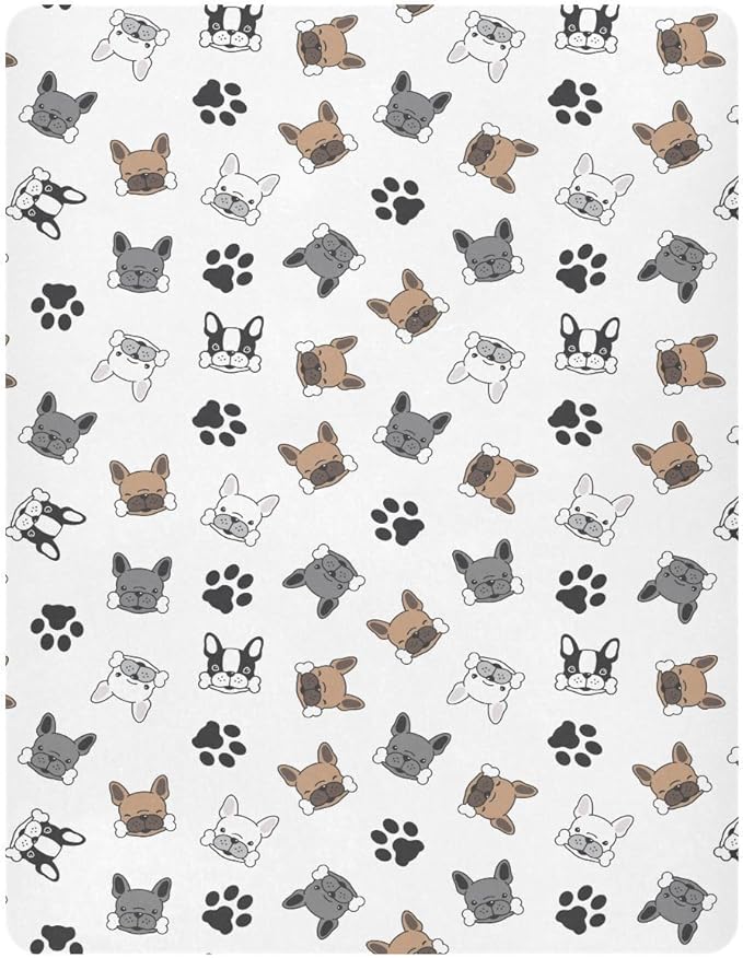Dog French Bulldog Pug Dog Paw Fitted Crib Sheets Stretchy Portable Playard Sheets for Baby Toddler, Breathable Soft Mini Crib Mattress 52 x 28 in for Boys and Girls