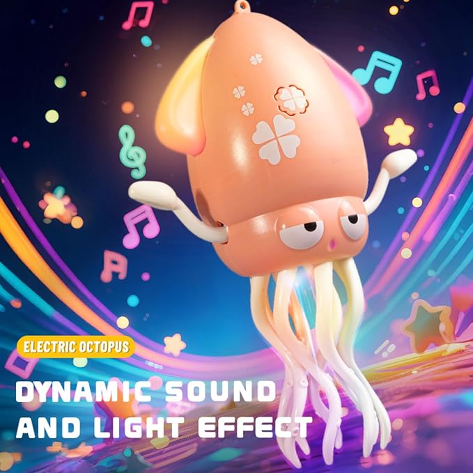 Interactive Dancing Squid Toy - Smart Obstacle-Dodging, USB Rechargeable LED Lights & Music, Sensory Tummy Time Toy for Toddlers (Yellow)