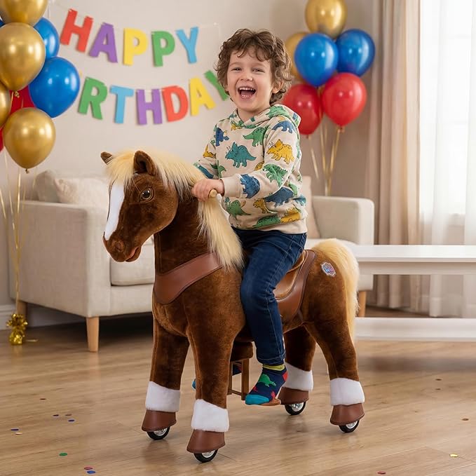 PonyCycle Horse Ride on Pony Advanced Model Y Plush Brown Riding Horse Toy Size 3 for Ages 3–4, Indoor Outdoor Rocking Horse, for Kids Plush Animal Pony Ride Y374