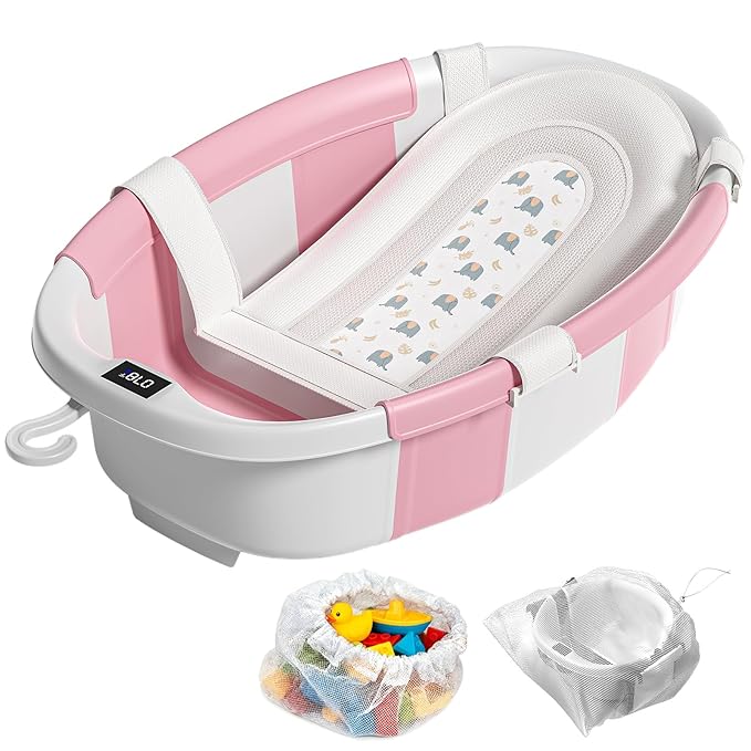 Collapsible Baby Bathtub with Soft Cushion and Thermometer, Newborn to Toddler Tub 0-36 Months with Toy Storage Mesh Bag, Portable Travel Bath for Infants (Pink)