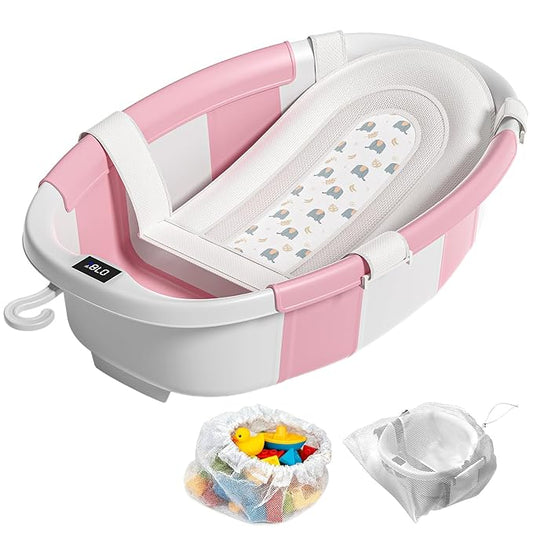Collapsible Baby Bathtub with Soft Cushion and Thermometer, Newborn to Toddler Tub 0-36 Months with Toy Storage Mesh Bag, Portable Travel Bath for Infants (Pink)