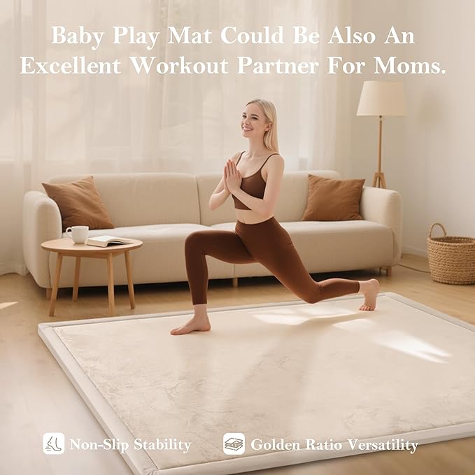 Baby Play Mat for Floor, 1.3"Thick Extra Large Cushioning Memory Foam Playpen Mat, Soft Coral Velvet Baby Crawling Mat with Non-Slip Backing for Toddlers,Infants,Kids,Yoga Mat (Khaki 59"×79")