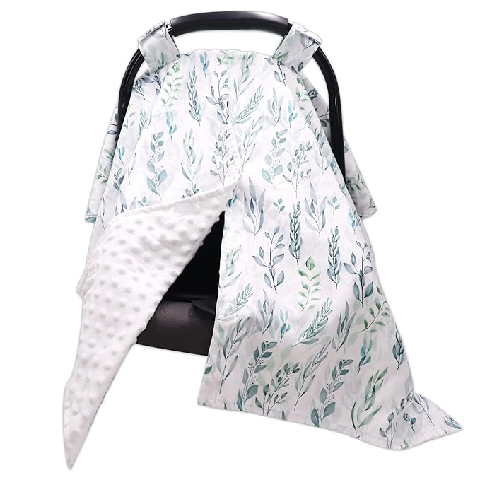 DILIMI Car Seat Covers for Babies, Peekaboo Opening Infant Car Seat Canopy for Baby Boys Girls, 2 in 1 Mom Nursing Breastfeeding Covers, Minky Warm Carseat Canopy for Newborn, Green Leaf