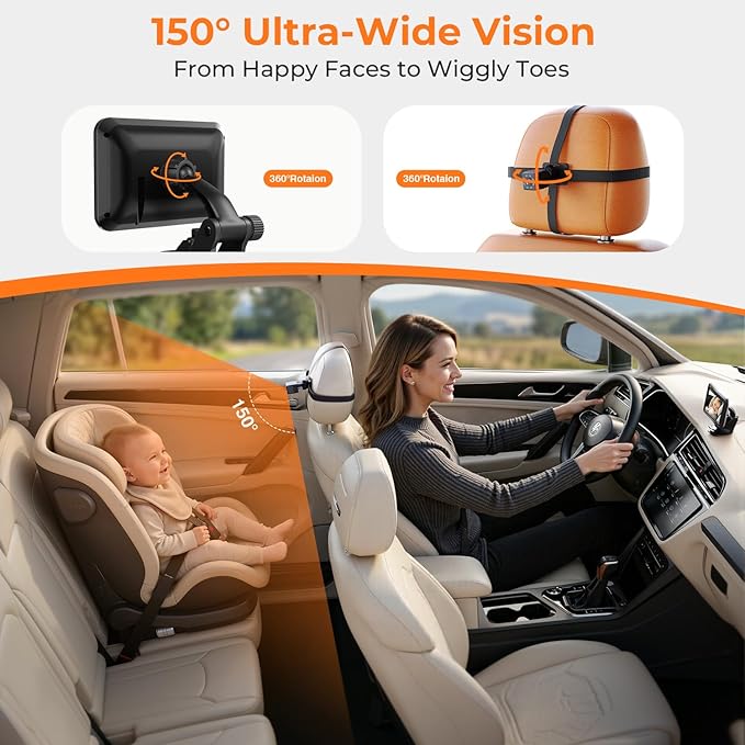 Itomoro 2026 Upgraded Baby Car Camera Monitor [1080P HD & IR Night Vision] 360° Rotation & 150° Wide Clear View Car Seat Camera for Baby Rear Facing, Easy Install & Baby Shower Must-Have