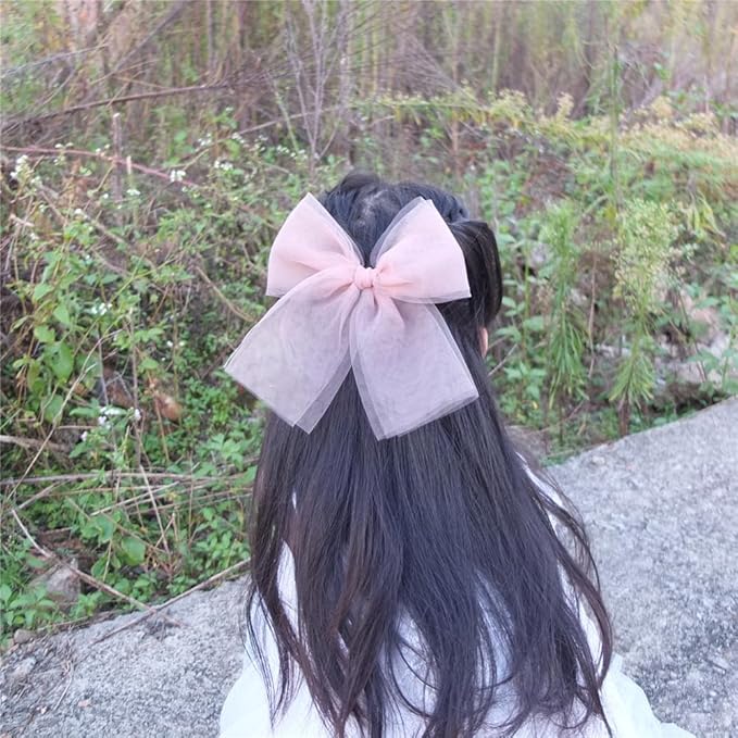 Large Tulle Bows Hair Clips for Baby Girls - Lace, Cottagecore, Lightweight Gauze Barrettes Accessories (Pink Floral and White)