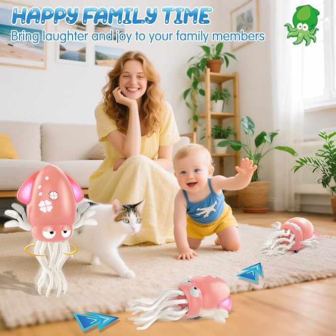 AOTIBO Baby Dancing Octopus Toy for 1 2 3 4 5 Year Old Boy Girl, Baby Tummy Time Electric Crawling Octopus Toys 12-18 Months, Dancing Squid Toy for Walking Toddlers, Kids 1st Birthday Gifts, Pink