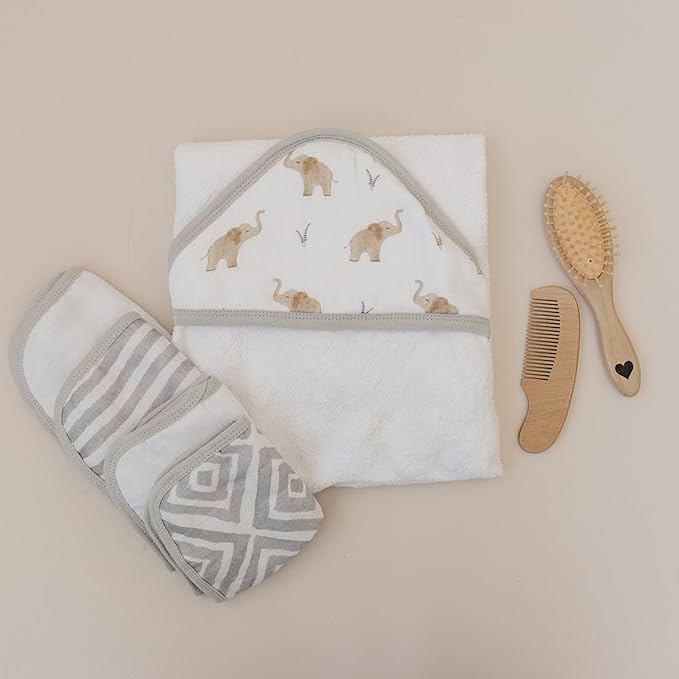Featherhead™ 5-Piece 100% Cotton Muslin Hooded Bath Towel & Washcloths Set for Baby Boy - Ultra Soft and Extra Absorbent - Newborn Essential & Perfect Baby Registry Gift (Elephant)