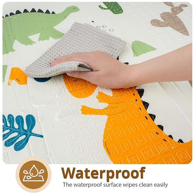 Foldable Baby Play Mat, PIGLOG 50" x 50" Waterproof Playmat for Playyards for Babies, Safe Foam Playmat for Tummy Time, Reversible Playmats, Portable Floor Mat for Infant, Toddler，Yellow Dinosaurs