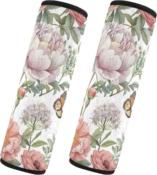 CHIFIGNO 2 Pack Seat Belt Cover Pad Pastel Colored Flowers and Butterflies Car Seat Straps Cover Comfortable Car Seat Shoulder Strap Pads for Adults Women Kids