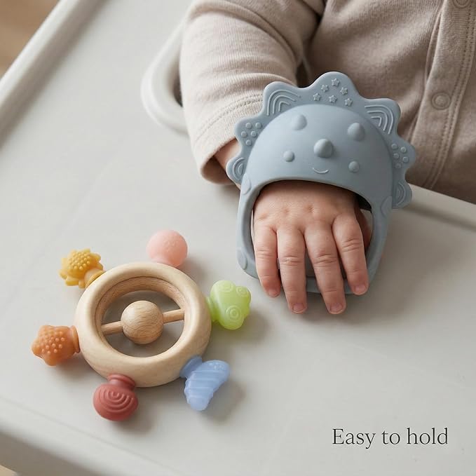 Baby Teething Toys 2 Pack, Dinosaur Mitten Teether and Ring Sun Teether with 6 Chewing Points, Silicone Chew Toys for Infants 0-6 6-12 Months, BPA Free Soothing Gum Relief Set (Blue)