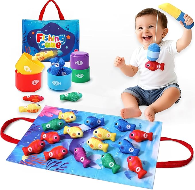 COUOMOXA Montessori Toys for 1 Year Old Baby: 22PCS Cloth Fishing Game with Stacking Cups - 6-12-18 Months Toddler Color Sorting Learning Toy Indoor Outdoor Play for Age 1 2 3 Boy Girl
