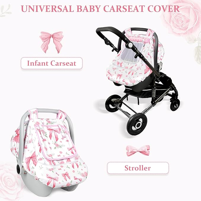 Car Seat Cover Baby Girls Winter, Dual Zipper Infant Carseat Covers with Breathable Mesh, Universal & Warm Protection Canopy Snug Fit Baby Carseats & Strollers, Pink Rose