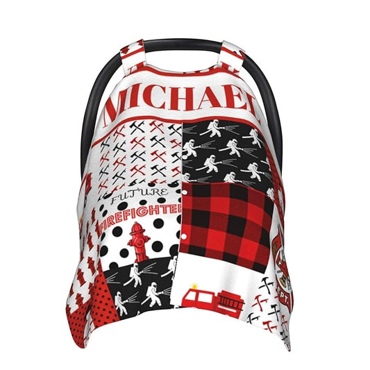 Personalized Baby Car Seat Canopy for Babies with Name, Custom Fire Truck Car Seat Covers for Boys Girls, Opening Minky Nursing Breastfeeding Stroller Cover Carseat Canopies for Infant Newborn