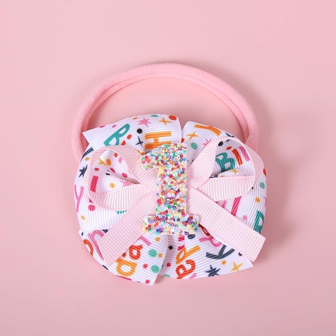 Pink Happy Birthday Hair Ribbon Bow Headband 1st First Birthday Sprinkle Confetti Ice Cream Party Dress Smash Cake Photo Decoration Accessories Gift
