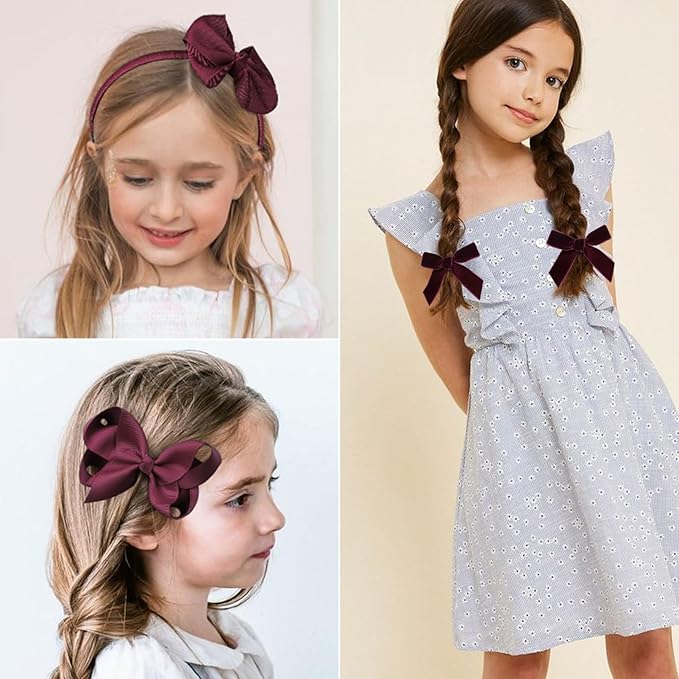 DEEKA Burgundy Uniform Hair Accessories Set, 15 Pieces - Hair Bows, Hair Clips, Headband, Hair Ties for Little Girls - School, Parties, Birthdays, Festive Celebrations