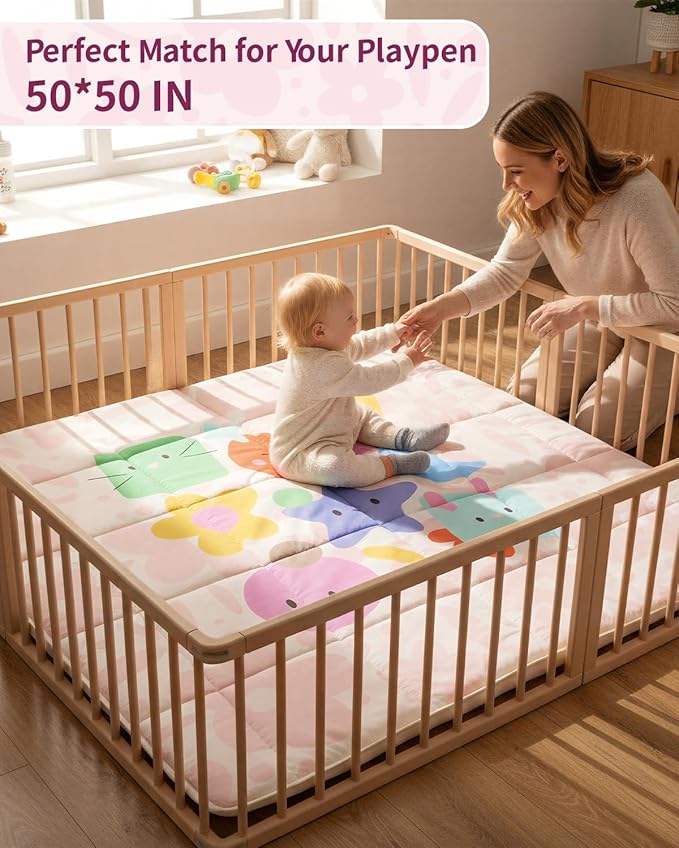 Baby Play Mat, Foldable Play Mats for Floor, 50x50 Inches Crawling Mat for Playpen with Anti-Slip Bottom, Machine Washable, Thicken Padding Foam Playmats for Babies and Toddlers (Pink Floral)