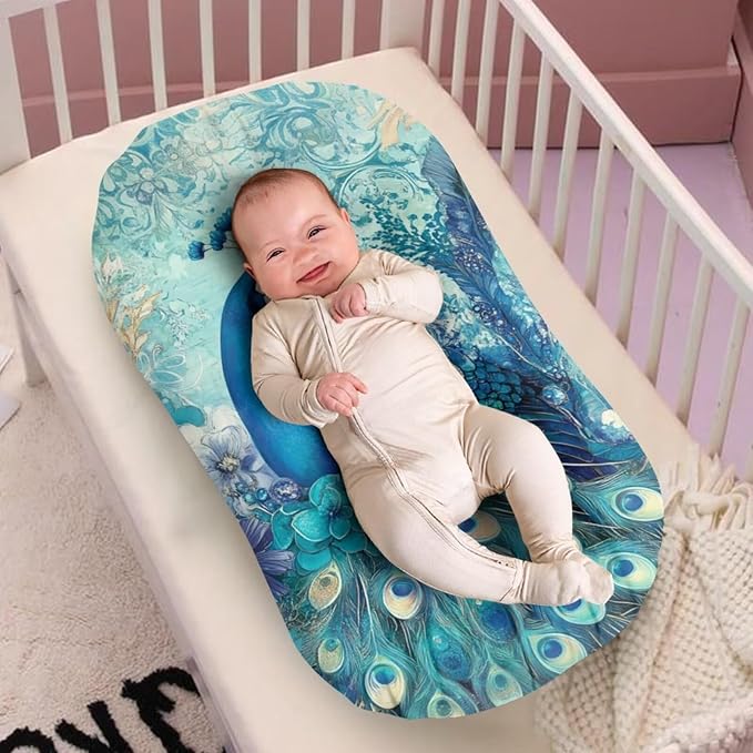 Peocack Baby Lounger Cover for Boys, Boho Floral Newborn Snuggle Me Lounger Covers, Removable Nest Slipcover Soft Comfortable 31.5'' x 21.3''