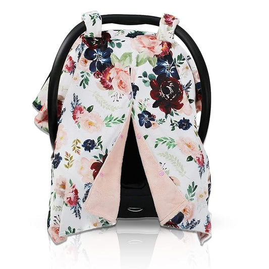 Dear Baby Gear Car Seat Cover for Boys & Girls - Baby Carseat Canopy w/Snap Opening - Infant Seat Cover - Stroller & Nursing Covers - Newborn Carrier Canopy- 40x30" (Burgundy & Navy Floral on Blush)