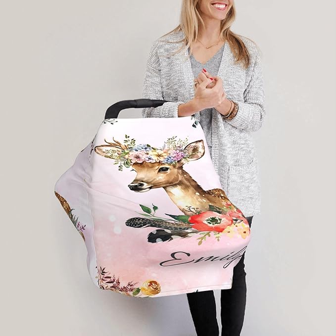 Personalized Deer Baby Car Seat Cover with Name,Multi-Use Canopy for Nursing, Strollers,Shopping Carts,Customized Breastfeeding Cover, Full Privacy,Infant Stroller Cover