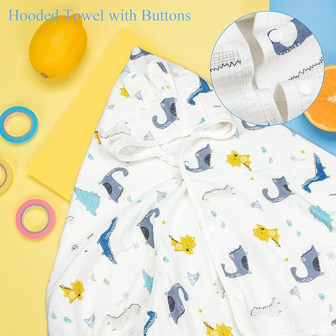 Muslin Hooded Towel Made from Organic Cotton 6-Layer Cotton Bath Towel, Soft Bath Towels 25x51inches for Toddler Baby and 0-4 Years Old Kids Dinosaur