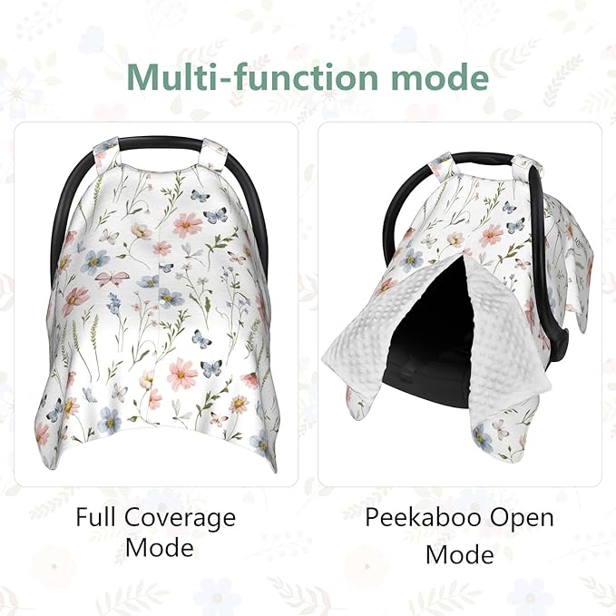 Wildflower Carseat Covers Baby, Winter Carseat Cover for Baby, Minky Baby Car Seat Cover for Boy & Girl, Peekaboo Opening Car Seat Canopy for Newborn, Boho Multi Use Mom Nursing Cover, Wildflower