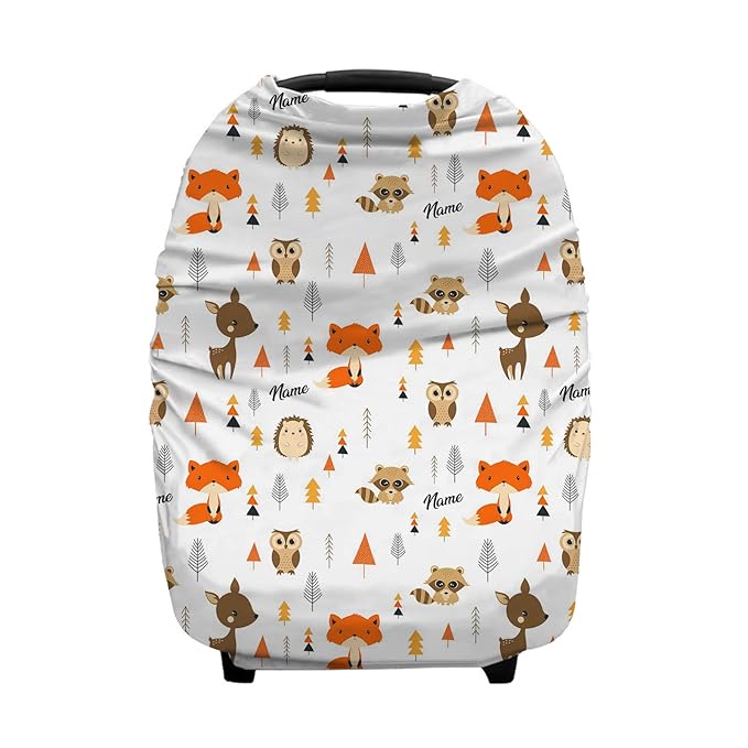 Personalized Baby Car Seat Cover for Boys Girls, Custom Nursing Covers for Breastfeeding with Name, Infant Stroller Cover, Baby Carseat Canopy for Newborn, Multiuse Car Seat Canopy, Deer and Fox