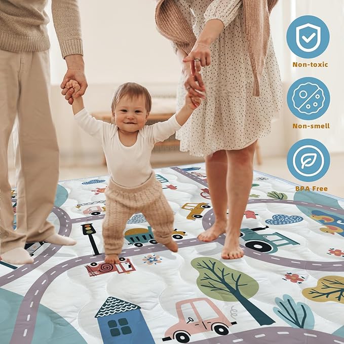 Baby Play Mat, 47x47 Play Mat for Playpen, Thick Soft Cushioned Baby Mat for Floor, Non-Slip Car Play Mats, Washable Baby Playmat for Babies Toddlers Infants Activity & Tummy Time (Car,47x47)
