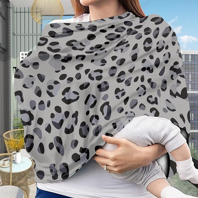 Forchrinse Grey Leopard Print Baby Car Seat Cover Soft Stretchy Breastfeeding Nursing Cover Multi Use Cover for Shopping Cart/High Chair/Stroller