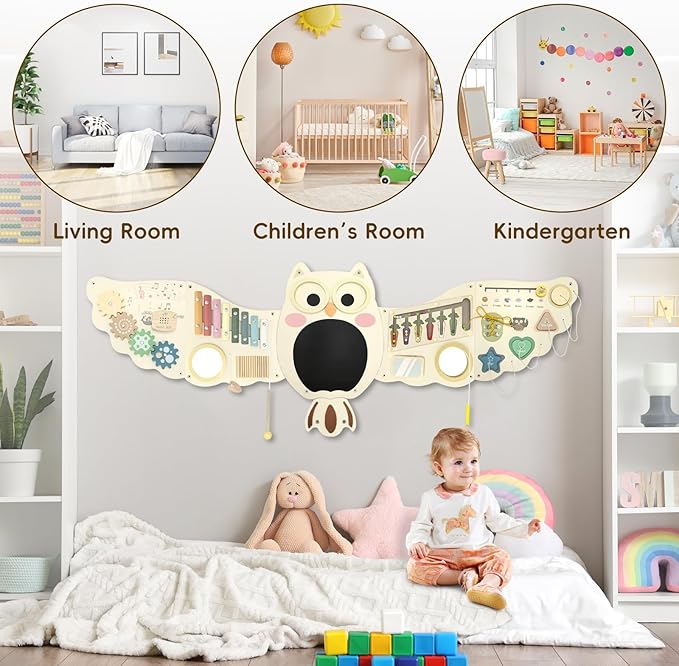 Baotree Owl Activity Wall Busy Board Panels, Montessori Sensory Toys, Toddler Learning Activity Center,Interactive Wooden Learning Toy for Toddler Playroom & Children's Daycare