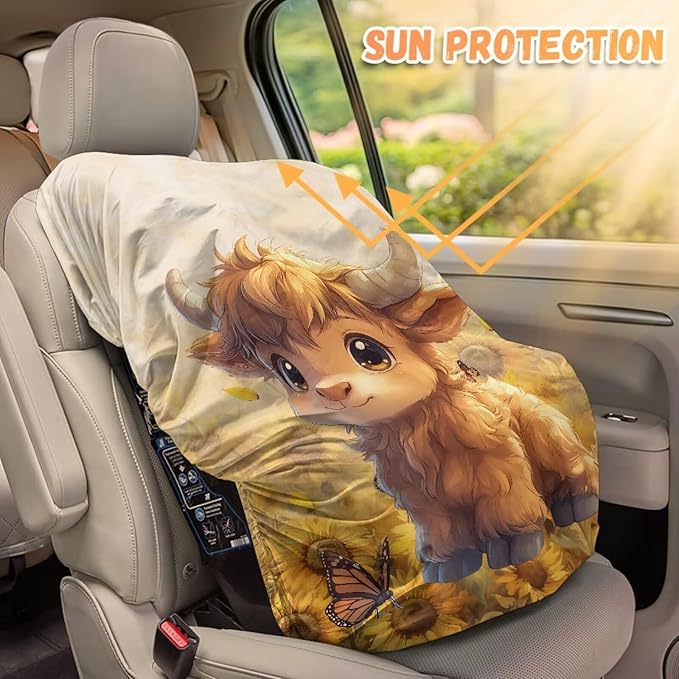 XYZCANDO Highland Cow Baby Car Seat Cover for Travel Cute Carseat Covers Baby Washable Infant Car Seat Protector Replacement Car Seat Sun Cover for Baby Soft Baby Travel Accessories